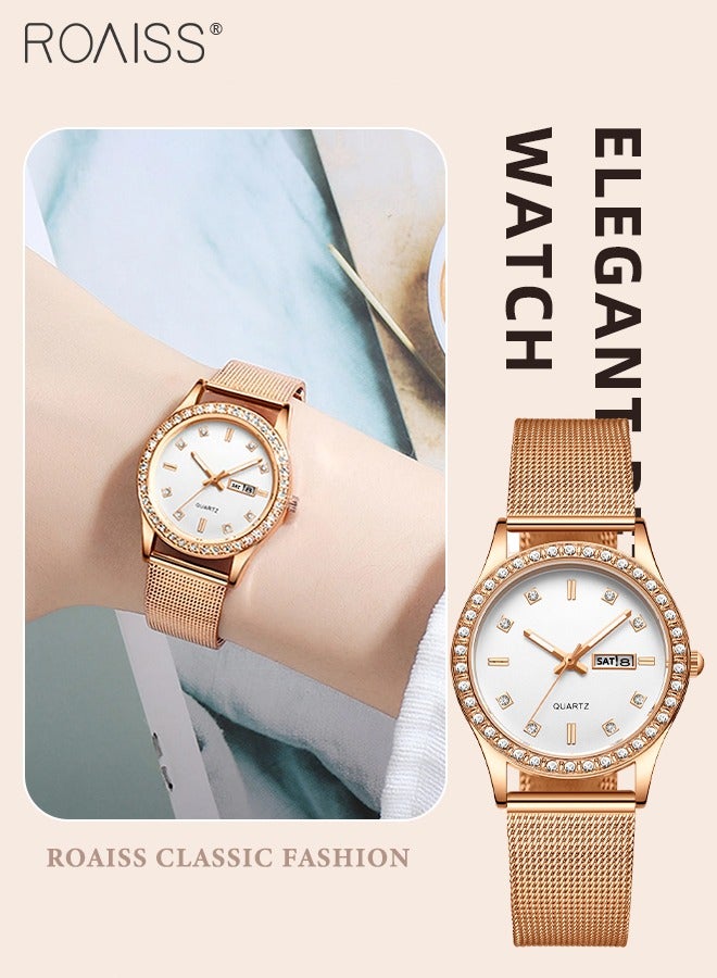 roaiss Women's Steel Mesh Strap Quartz Watch, Analog Display Round Dial with Dual Calendar, Luminous Waterproof Luxurious Wristwatch as Gift for Ladies - Image 1