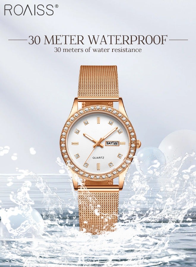 roaiss Women's Steel Mesh Strap Quartz Watch, Analog Display Round Dial with Dual Calendar, Luminous Waterproof Luxurious Wristwatch as Gift for Ladies - Image 5