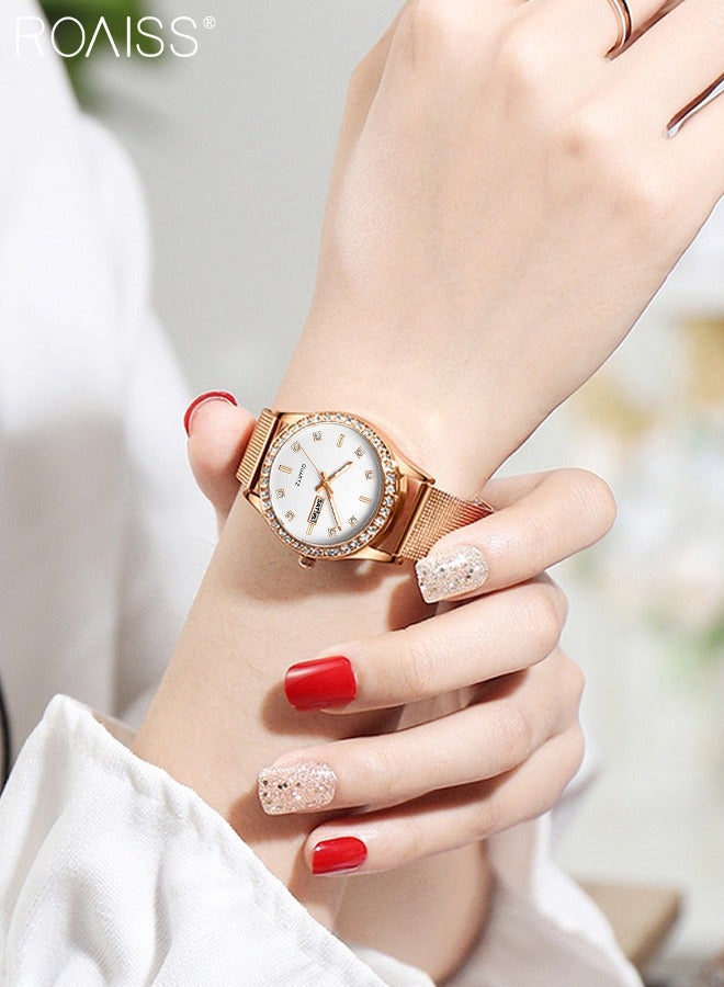 roaiss Women's Steel Mesh Strap Quartz Watch, Analog Display Round Dial with Dual Calendar, Luminous Waterproof Luxurious Wristwatch as Gift for Ladies - Image 2