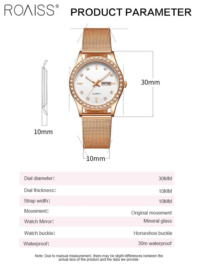 roaiss Women's Steel Mesh Strap Quartz Watch, Analog Display Round Dial with Dual Calendar, Luminous Waterproof Luxurious Wristwatch as Gift for Ladies - Image 3