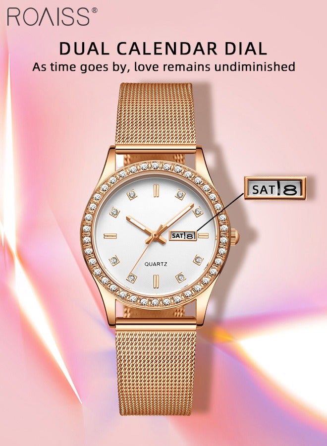 roaiss Women's Steel Mesh Strap Quartz Watch, Analog Display Round Dial with Dual Calendar, Luminous Waterproof Luxurious Wristwatch as Gift for Ladies - Image 4