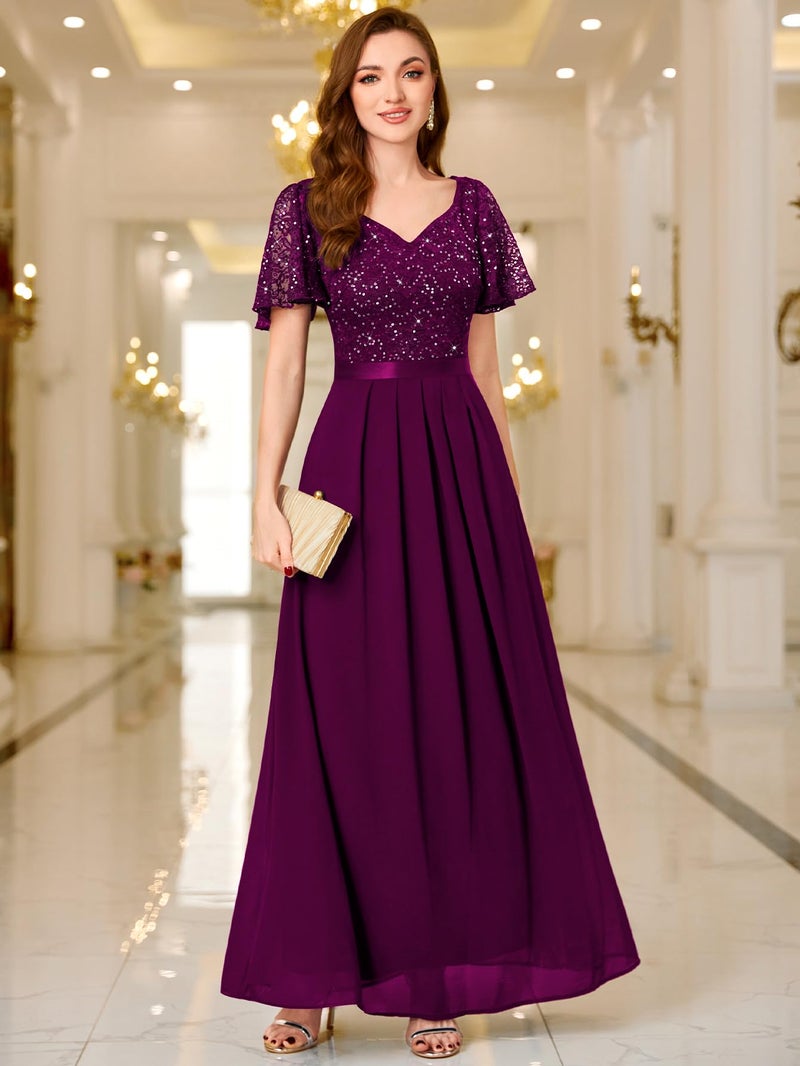 Miusol Women's Retro V-Neck Ruffle Sleeve Sequined Floral Lace Bridesmaid Party Maxi Dress (Small, Maroon) - Image 3