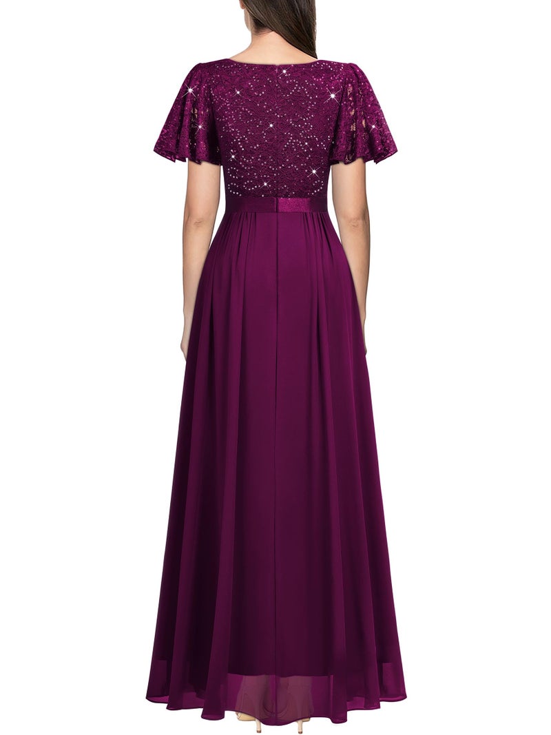 Miusol Women's Retro V-Neck Ruffle Sleeve Sequined Floral Lace Bridesmaid Party Maxi Dress (Small, Maroon) - Image 2