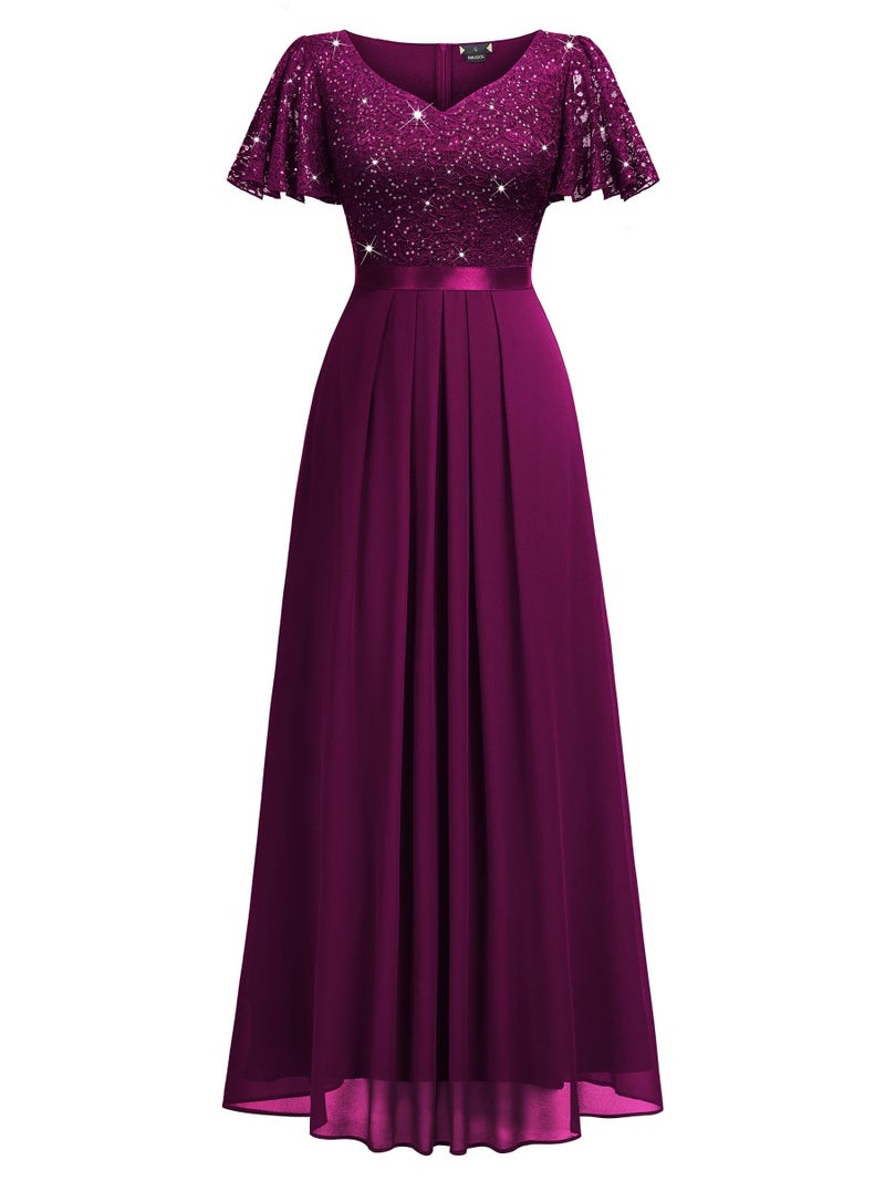 Miusol Women's Retro V-Neck Ruffle Sleeve Sequined Floral Lace Bridesmaid Party Maxi Dress (Small, Maroon) - Image 4