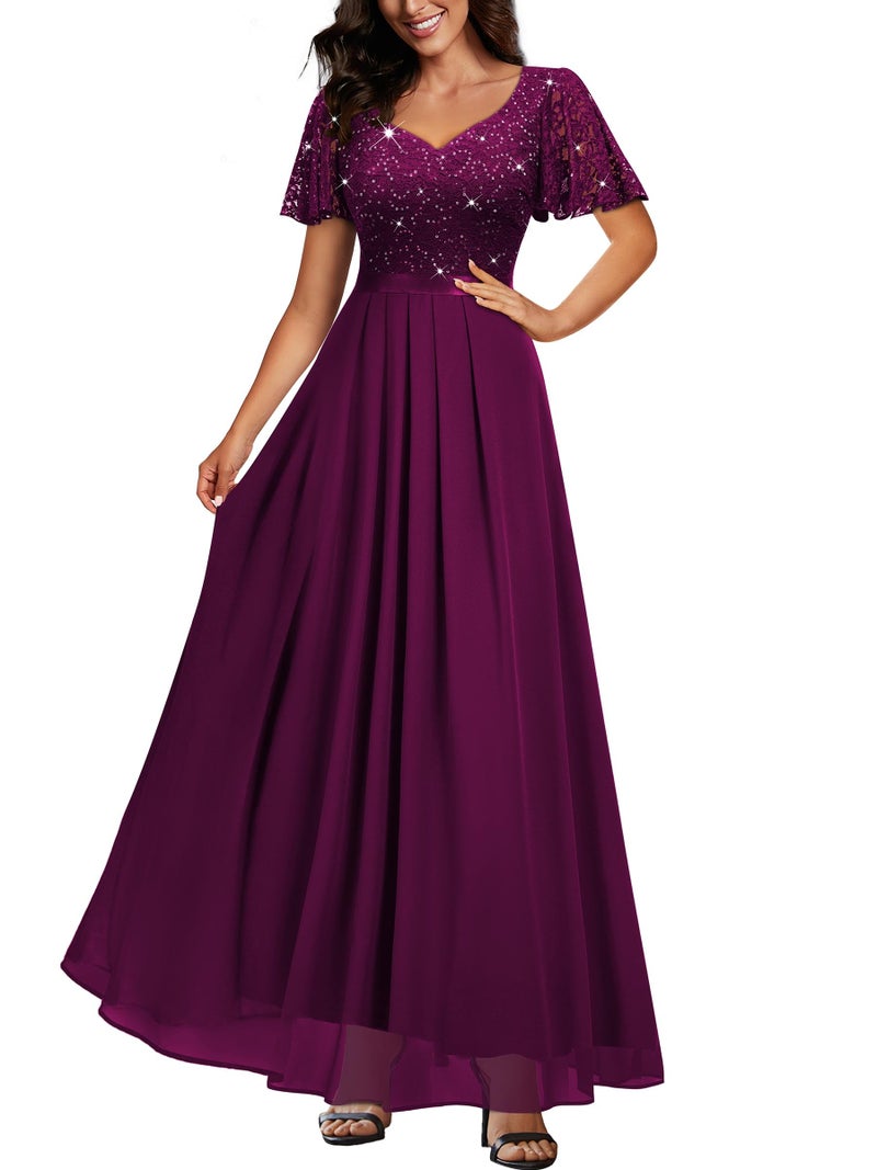 Miusol Women's Retro V-Neck Ruffle Sleeve Sequined Floral Lace Bridesmaid Party Maxi Dress (Small, Maroon) - Image 1