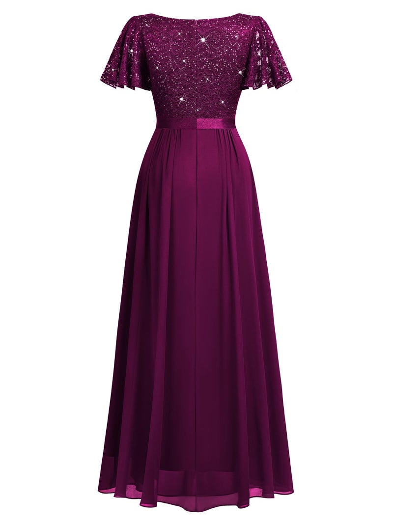 Miusol Women's Retro V-Neck Ruffle Sleeve Sequined Floral Lace Bridesmaid Party Maxi Dress (Small, Maroon) - Image 5