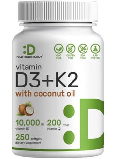 DEAL SUPPLEMENT Vitamin D3+K2 with coconut oil 10,000IU  Vitamin D3 200mcg vitamin K2 250 softgels  - Image 1