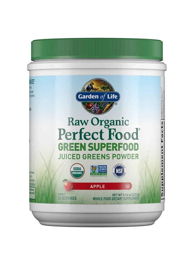 Raw Organic Perfect Food Green Superfood Juiced Greens Powder - Apple Flavor, 30 Servings - Vegan Gluten Free Whole Food Dietary Supplement, Greens Plus Probiotics & Enzymes