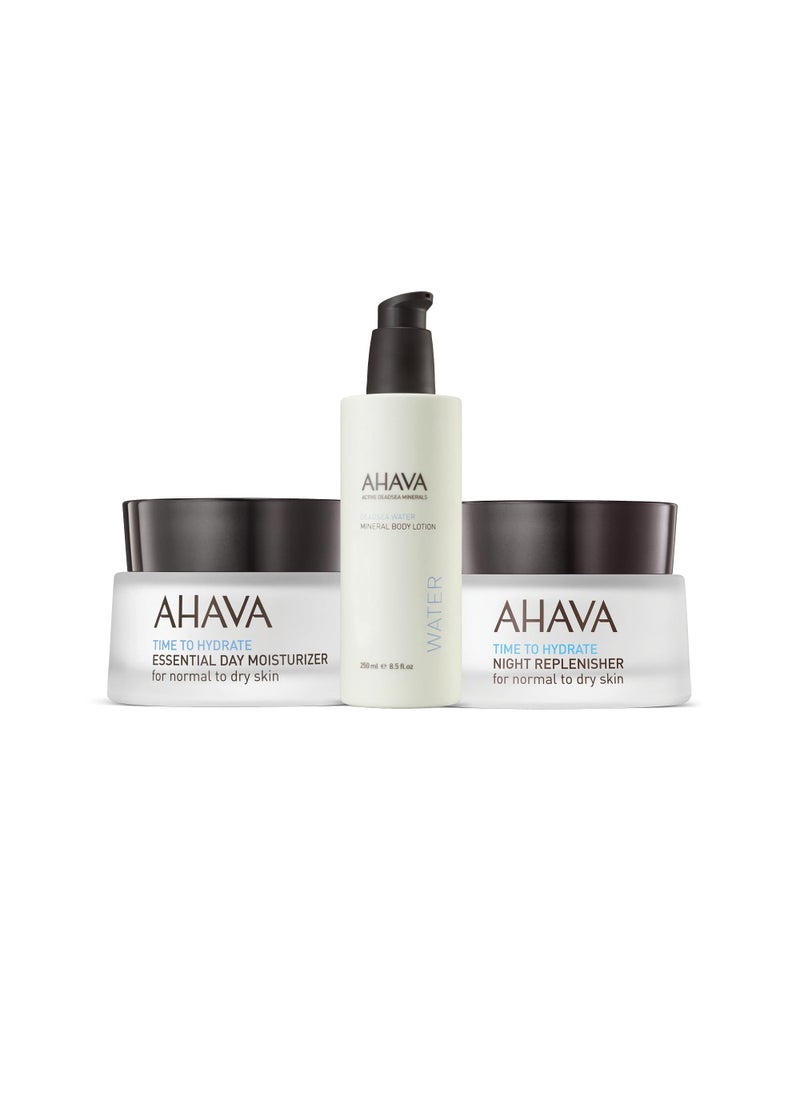 AHAVA AHAVA Daily Essentials Trio Set - Includes Essential Day Moisturizer 1.7 Fl.Oz, Night Replenisher 1.7 Fl.Oz & Body Lotion Original 8.5 Fl.Oz, enriched with Dead Sea Osmoter & Magnesium 