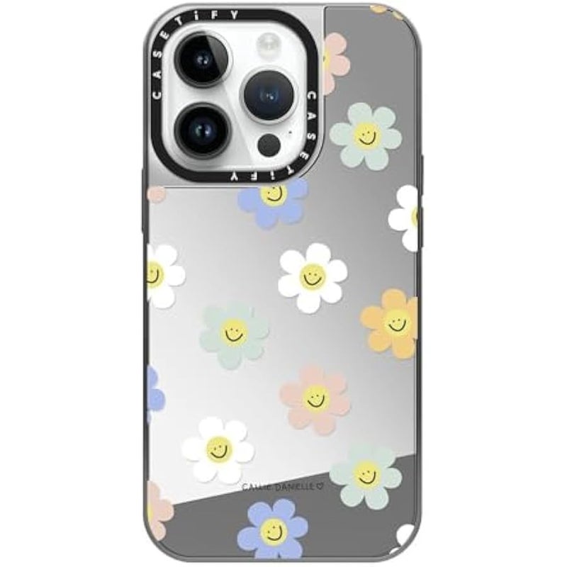 Casetify Mirror Case for iPhone 14 Pro Compatible with Magsafe - Happy Daisies - Silver on Silver - Image 1