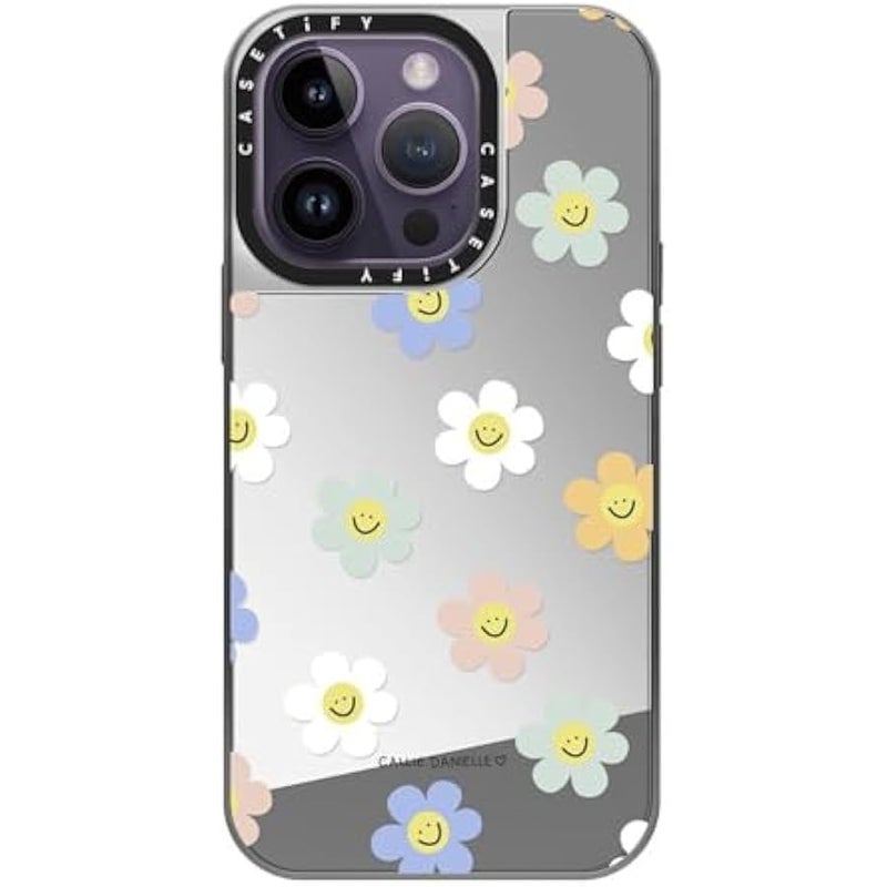 Casetify Mirror Case for iPhone 14 Pro Compatible with Magsafe - Happy Daisies - Silver on Silver - Image 2