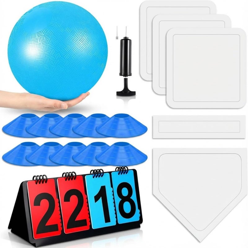 Jenaai 18 Pcs Sports Kickball Set Includes Playground Ball 5 Rubber Throw Down Bases Ball Pump Scoreboard Net Bag 10 Foul Line Cones for Adults Playground Backyard Game10 InchBlue - Image 2