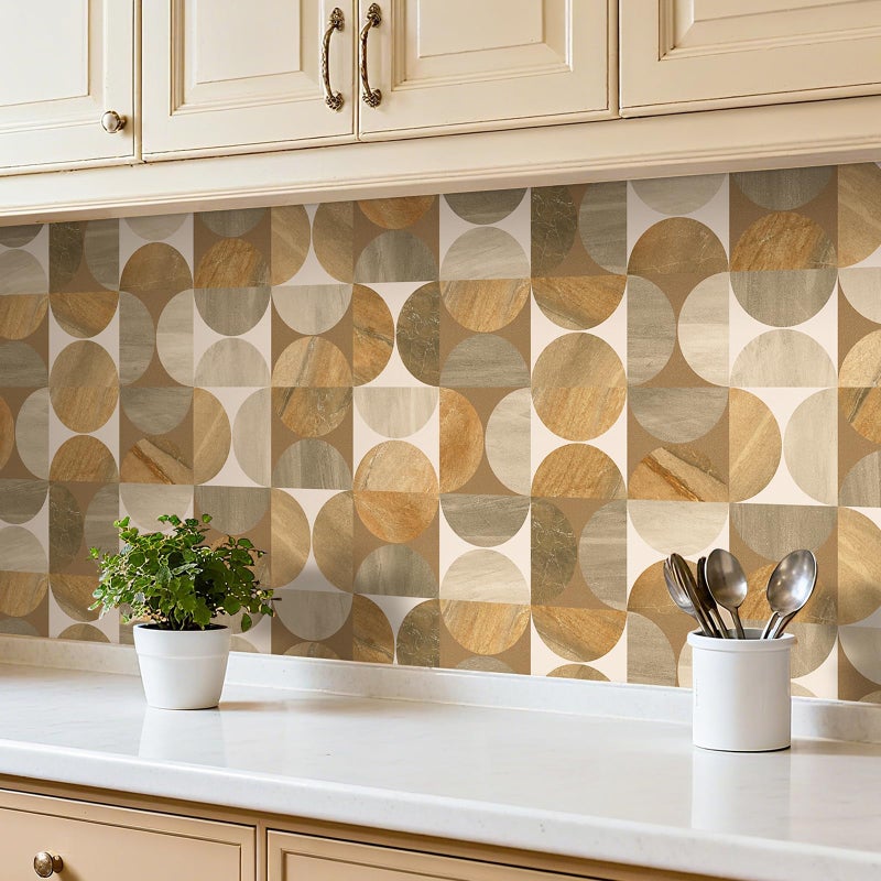 ReWallpaper Geometric Peel and Stick Wallpaper Art Decor Mid Century Modern Neutral Brown Circle Removable Wallpaper for Kitchen Backsplash Bathroom Living Room Cabinets Shelves Home Decor 17.5inx10ft - Image 1