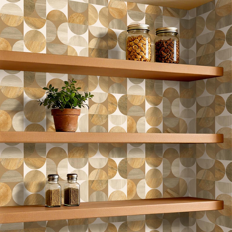 ReWallpaper Geometric Peel and Stick Wallpaper Art Decor Mid Century Modern Neutral Brown Circle Removable Wallpaper for Kitchen Backsplash Bathroom Living Room Cabinets Shelves Home Decor 17.5inx10ft - Image 2