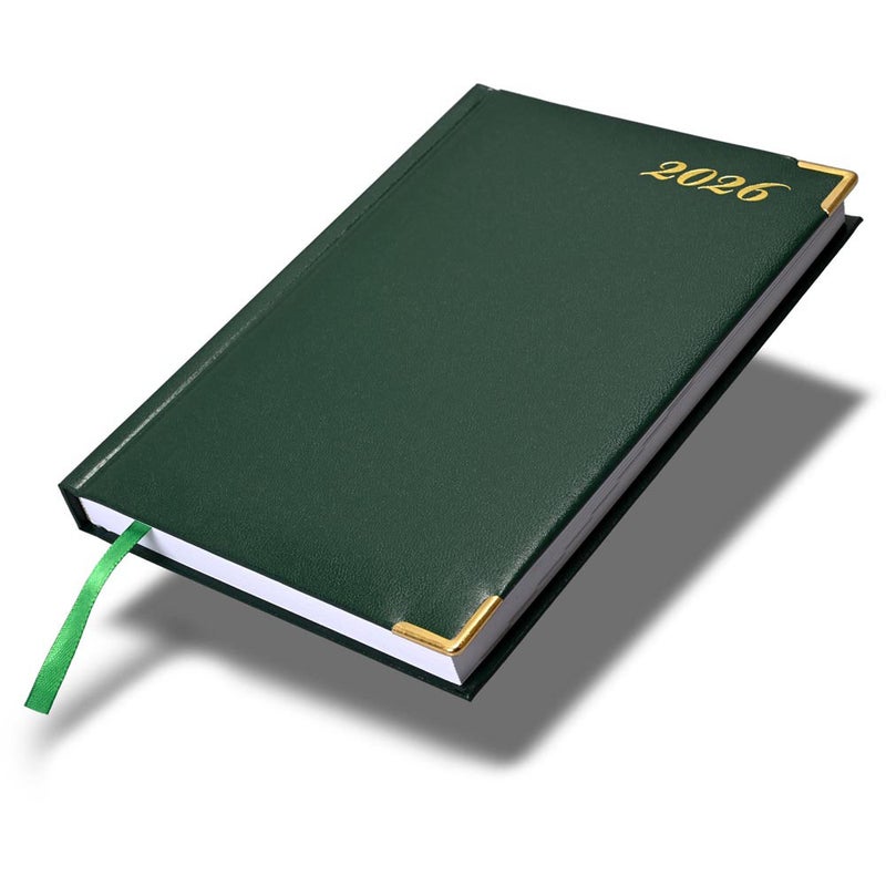 FIS 2026 International A5 Diary, 148x210mm, 1 Side Padded Vinyl Cover, Golden Corner, 1 Day a Page Format, 7 Multi Languages, 60gsm White Paper, Green Cover - FSDI136-7G26GR - Image 1