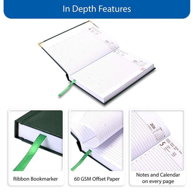 FIS 2026 International A5 Diary, 148x210mm, 1 Side Padded Vinyl Cover, Golden Corner, 1 Day a Page Format, 7 Multi Languages, 60gsm White Paper, Green Cover - FSDI136-7G26GR - Image 5
