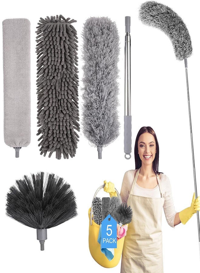 مجموعة مناديل تنظيف من الألياف الدقيقة، مناديل تنظيف 5 في 1، منديل تنظيف مع عمود تمديد 110 بوصة، منديل تنظيف العنكبوت، مناديل تنظيف من الألياف الدقيقة للأسقف العالية والمراوح والستائر والسيارات والأثاث - Image 1
