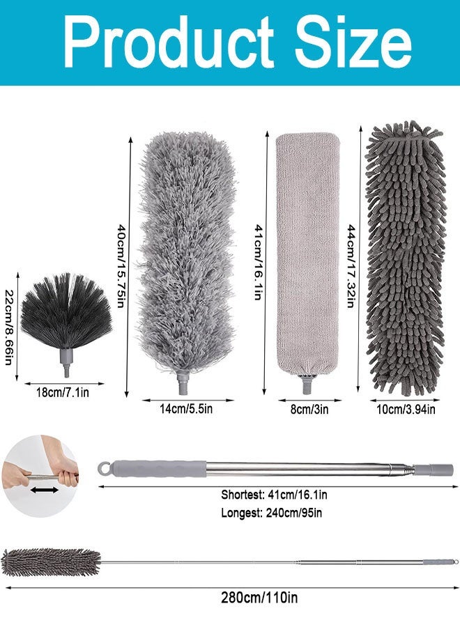مجموعة مناديل تنظيف من الألياف الدقيقة، مناديل تنظيف 5 في 1، منديل تنظيف مع عمود تمديد 110 بوصة، منديل تنظيف العنكبوت، مناديل تنظيف من الألياف الدقيقة للأسقف العالية والمراوح والستائر والسيارات والأثاث - Image 2