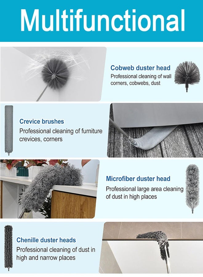 مجموعة مناديل تنظيف من الألياف الدقيقة، مناديل تنظيف 5 في 1، منديل تنظيف مع عمود تمديد 110 بوصة، منديل تنظيف العنكبوت، مناديل تنظيف من الألياف الدقيقة للأسقف العالية والمراوح والستائر والسيارات والأثاث - Image 4