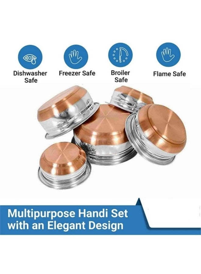 Nirvika Stainless Steel Handi Set Copper Bottom Handi with Lid Kitchen Serving,Cooking Bowl cookware Set Handi Set 5-Pieces (Without lid) Size:- 500ml, 800ml, 1000ml, 1200 ml, 1500 ml - Image 2