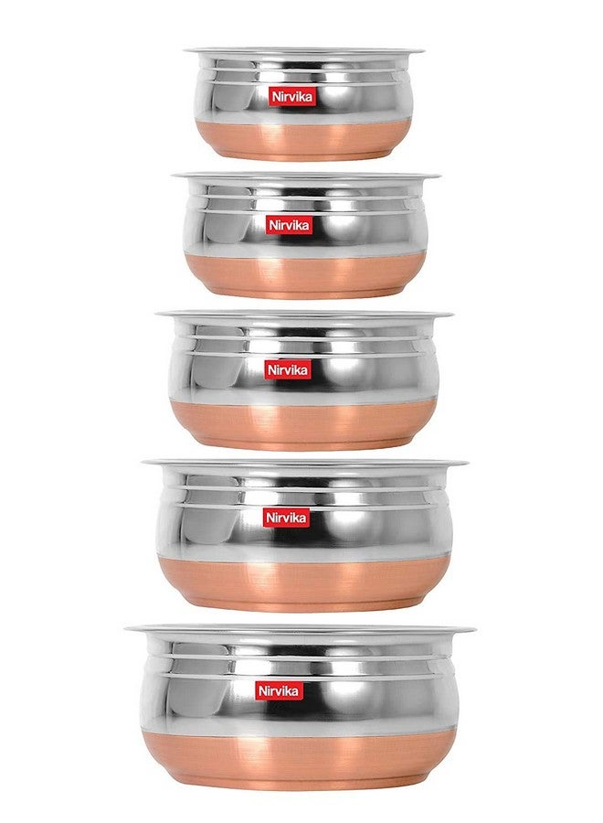 Nirvika Stainless Steel Handi Set Copper Bottom Handi with Lid Kitchen Serving,Cooking Bowl cookware Set Handi Set 5-Pieces (Without lid) Size:- 500ml, 800ml, 1000ml, 1200 ml, 1500 ml - Image 1