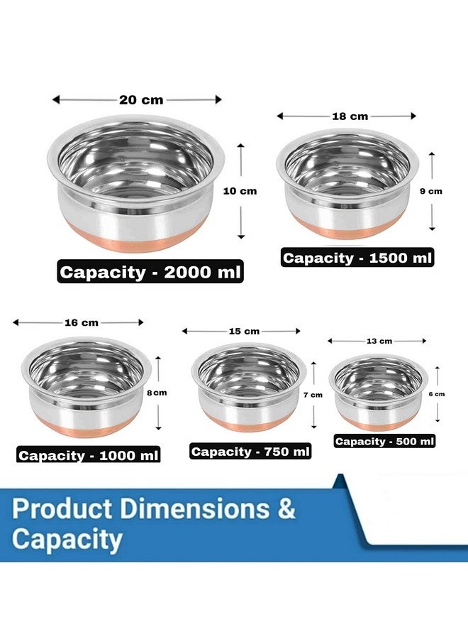 Nirvika Stainless Steel Handi Set Copper Bottom Handi with Lid Kitchen Serving,Cooking Bowl cookware Set Handi Set 5-Pieces (Without lid) Size:- 500ml, 800ml, 1000ml, 1200 ml, 1500 ml - Image 5