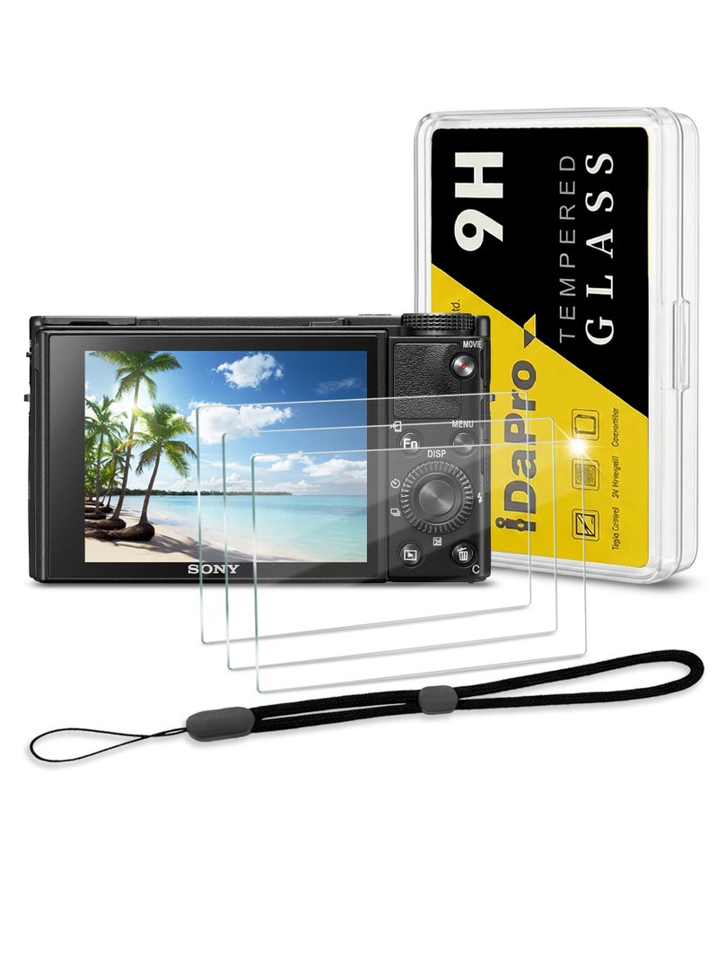iDaPro Screen Protector for Sony RX100 VII / RX100 VI / RX100 V / RX100 IV / RX100 III / RX100 II / RX100 & Hand Lanyard [3+1 Pack] Tempered Glass Easy Installation - Image 1
