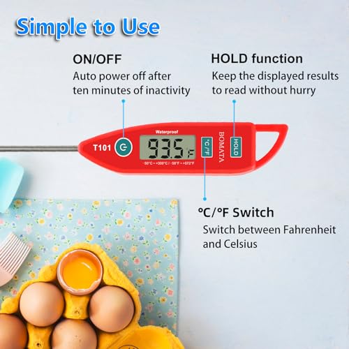 BOMATA 2 Pack Waterproof IPX7 Meat Thermometer Instant Read Food Thermometer with Long Probe for Water, Liquid, Kitchen Cooking, Grill,BBQ ! T101 X 2 Pcs (Black & Red)… - Image 5
