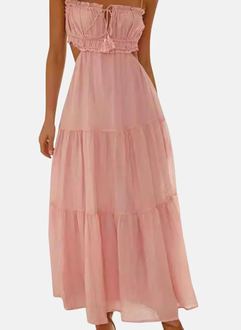 YUNIQEE Pink Solid Chiffon Tiered Empire Maxi Dress