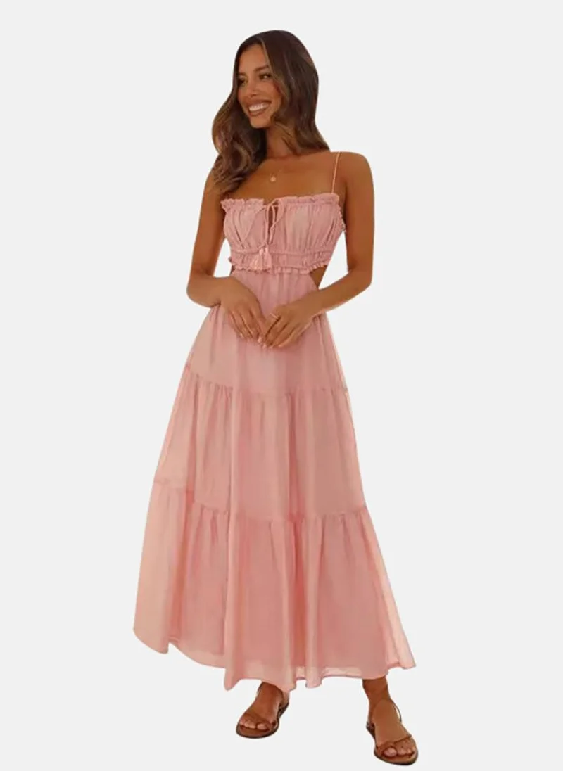 يونيكي Pink Solid Chiffon Tiered Empire Maxi Dress