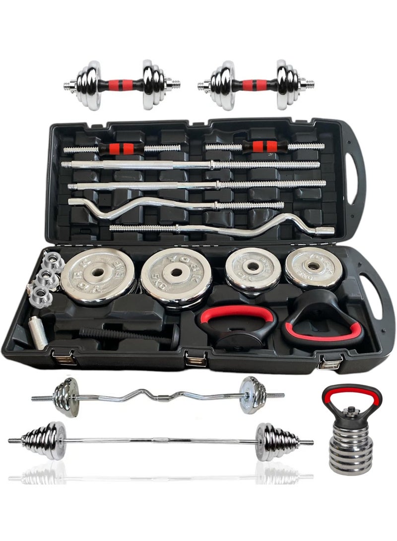 YORK FITNESS 55KG-Adjustable Chrome Dumbbells and Barbell Set With Kettlebell Handles for Weightlifting Workouts - Image 1