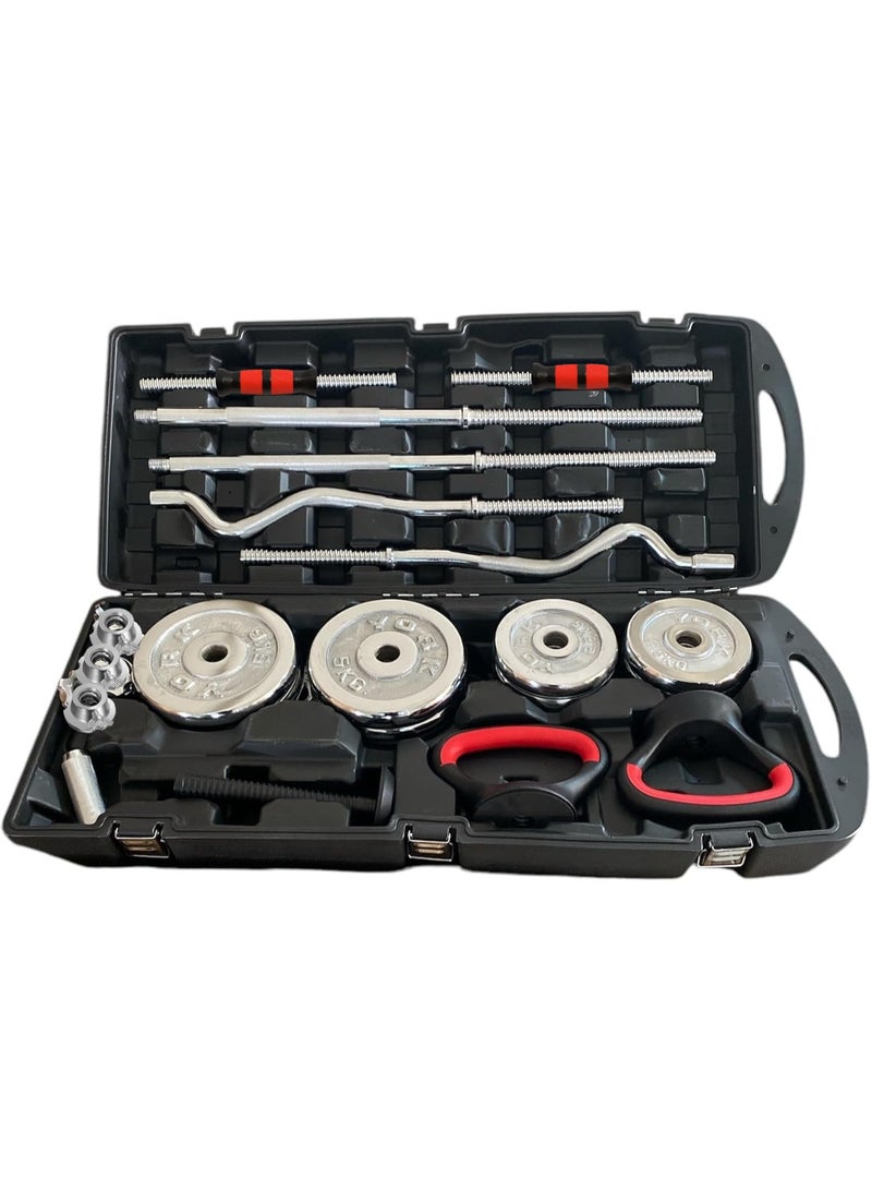 YORK FITNESS 55KG-Adjustable Chrome Dumbbells and Barbell Set With Kettlebell Handles for Weightlifting Workouts - Image 2