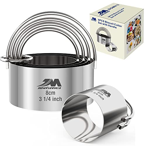 M JINGMEI 5 Pieces Circle Biscuit CutterProfessional Stainless Steel Round Cookies Mold Tool with Handle for Baking GIFT Package