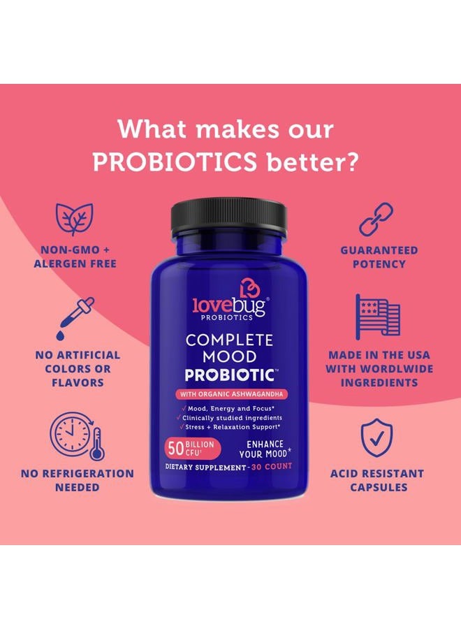 LoveBug Probiotics Lovebug Complete Mood Probiotic | 10 Clinically Studied Probiotic Strains & Patented Organic Ashwagandha for Cortisol and Serotonin Support | Natural Energy | Adaptogenic Stress-Defense | 30 Count - Image 4