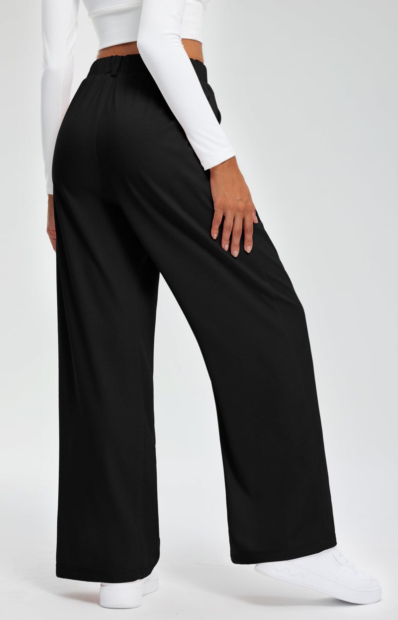 Libin Women's Wide Leg Pants 29" High Waisted Waffle Knit Casual Slacks Work Dress Pants Business Palazzo Trousers with Pockets, Black, XL - Image 2
