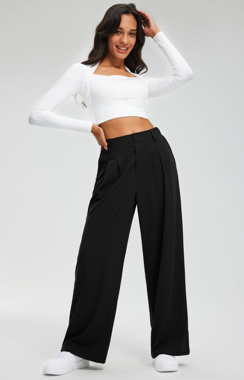Libin Women's Wide Leg Pants 29" High Waisted Waffle Knit Casual Slacks Work Dress Pants Business Palazzo Trousers with Pockets, Black, XL - Image 3