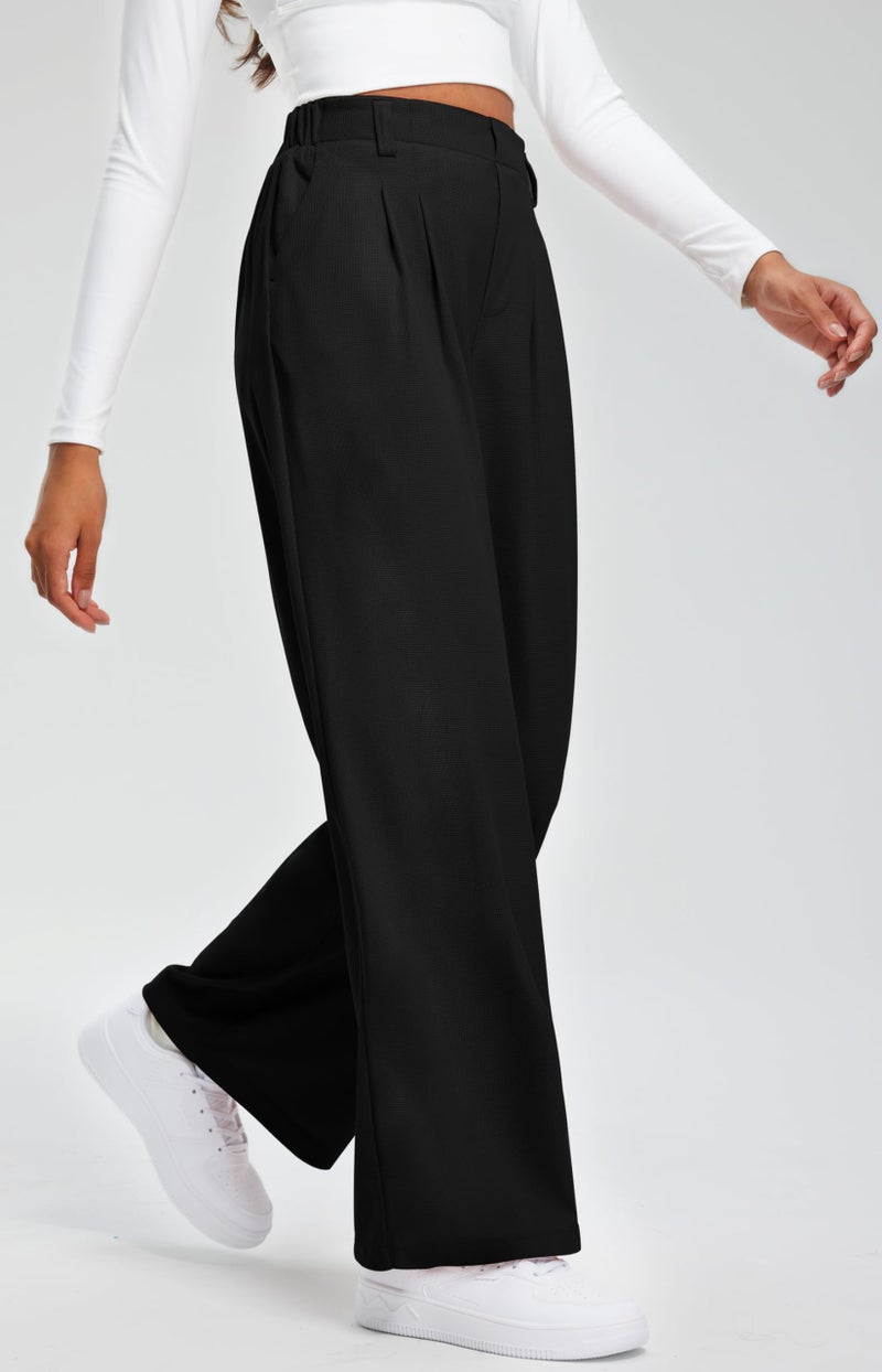 Libin Women's Wide Leg Pants 29" High Waisted Waffle Knit Casual Slacks Work Dress Pants Business Palazzo Trousers with Pockets, Black, XL - Image 4