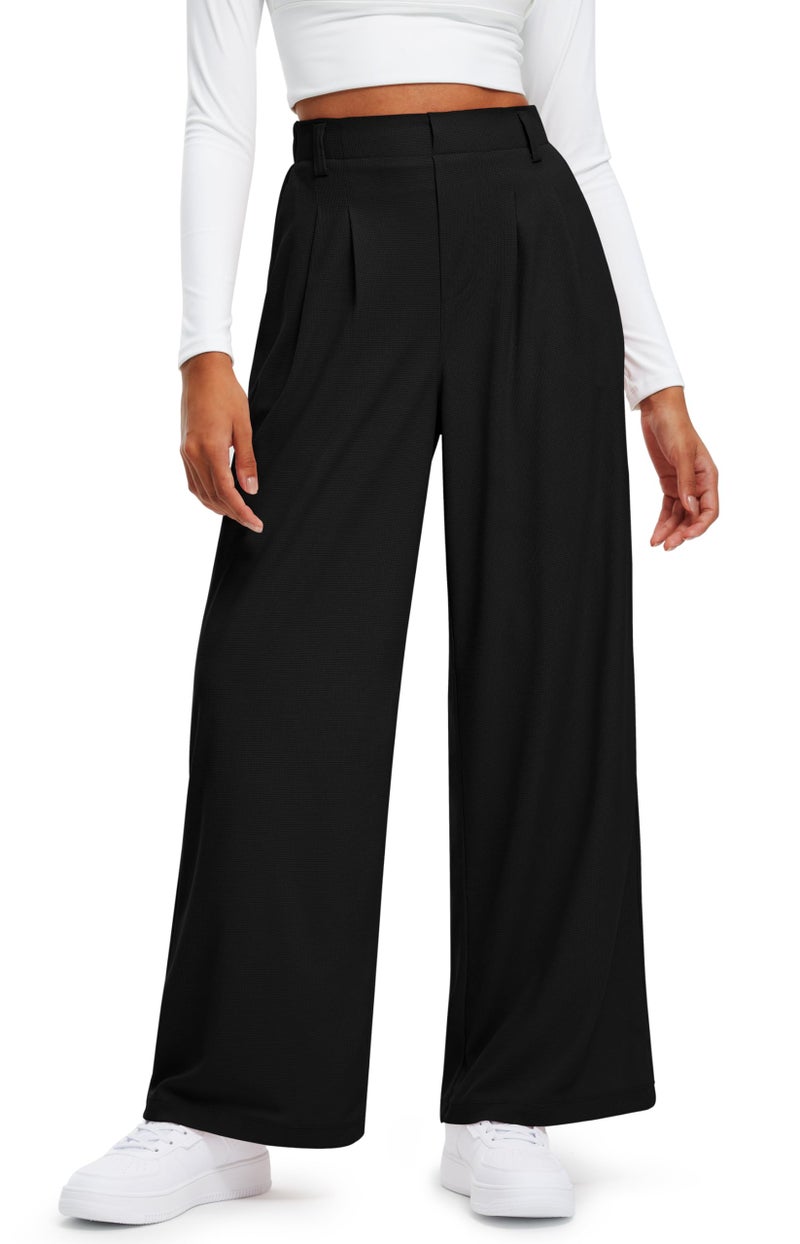 Libin Women's Wide Leg Pants 29" High Waisted Waffle Knit Casual Slacks Work Dress Pants Business Palazzo Trousers with Pockets, Black, XL - Image 1