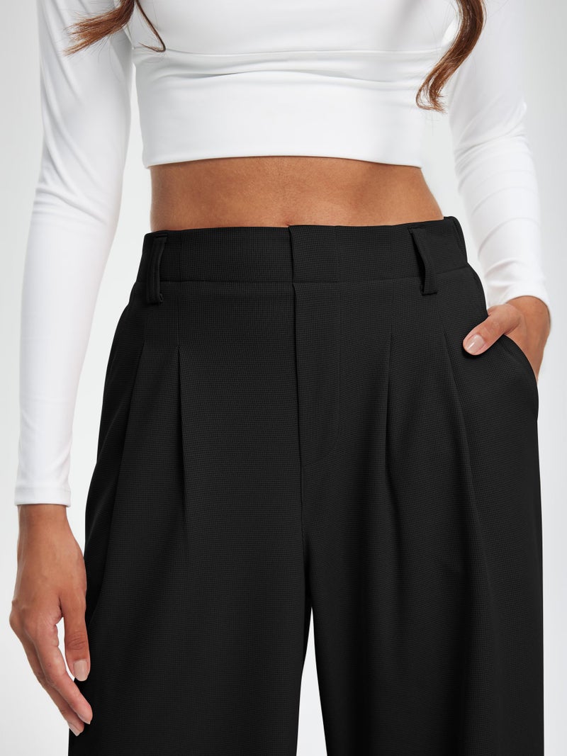 Libin Women's Wide Leg Pants 29" High Waisted Waffle Knit Casual Slacks Work Dress Pants Business Palazzo Trousers with Pockets, Black, XL - Image 5