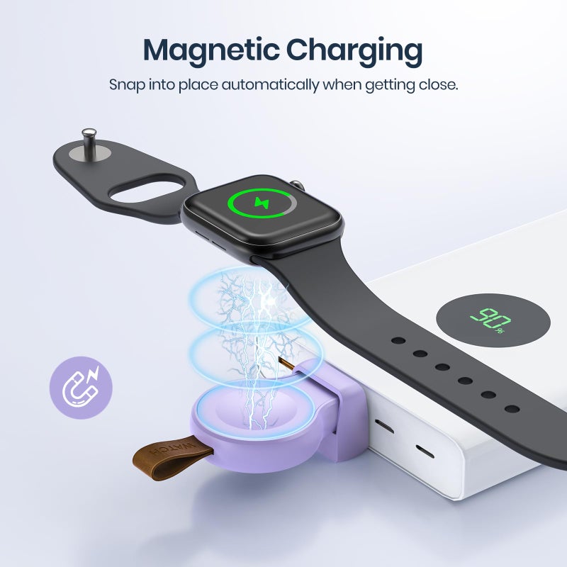 NEWDERY Portable iWatch USB Wireless Charger for Apple Watch, Travel Cordless With Magnetic Quick Charge for Ultra2/1 Series 10 9 8 7 6 5 4 3 2 1 SE, Purple - Image 3