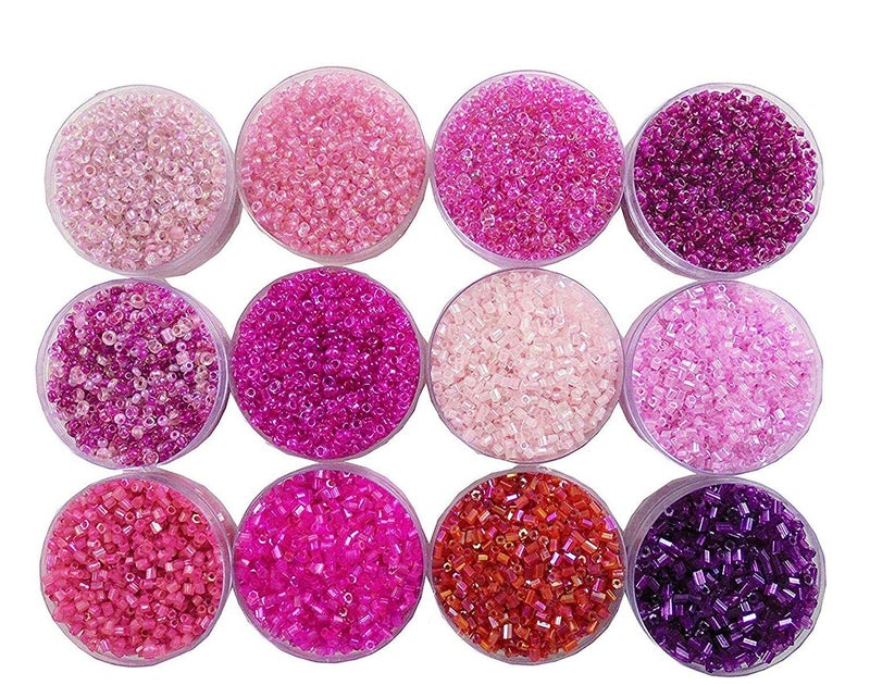 Eshoppee 11/0 20gm x 12 Box Pink and Purple Color Glass Seed Beads Cut Beads for Jewellery Making kit Art and Crafts Materials for Embroidery Necklace Bracelet Earring Making Materials DIY kit - Image 1