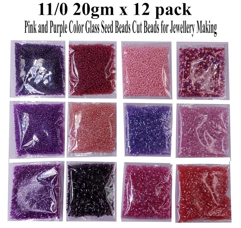 Eshoppee 11/0 20gm x 12 Box Pink and Purple Color Glass Seed Beads Cut Beads for Jewellery Making kit Art and Crafts Materials for Embroidery Necklace Bracelet Earring Making Materials DIY kit - Image 2