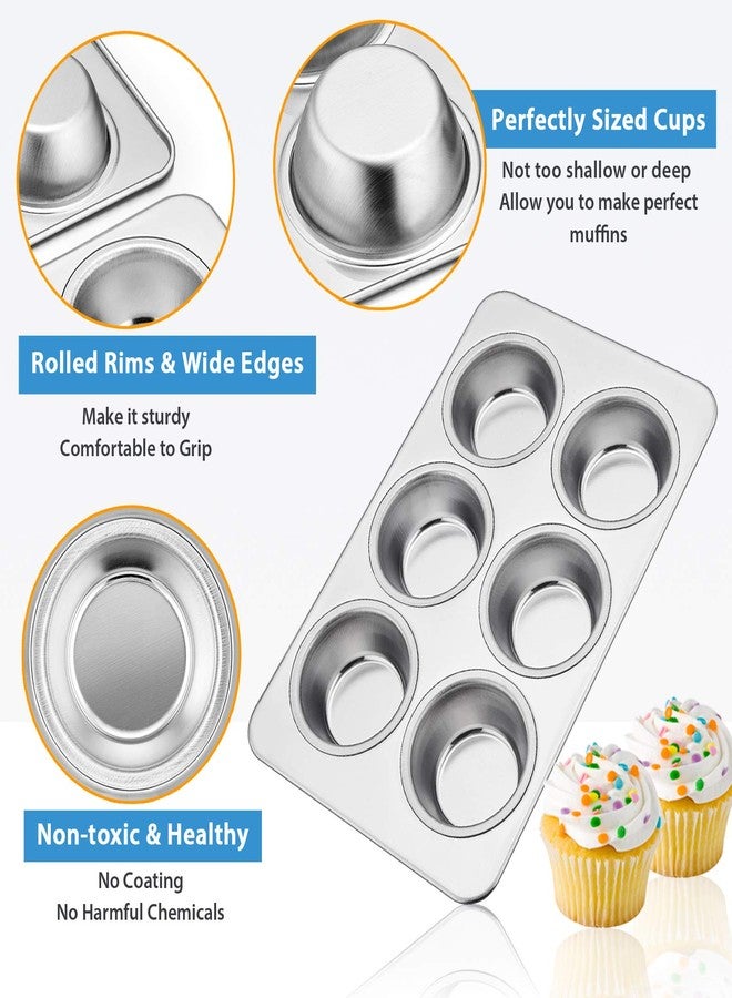 E-far Muffin Pan Set of 3, Stainless Steel Muffin Pan Tin for Baking, 6-Cup Metal Cupcake Pan Tray, Non-toxic & Healthy, Oven & Dishwasher Safe, Regular Size - 11.44 x 7.12 x 1.25 inch - Image 3