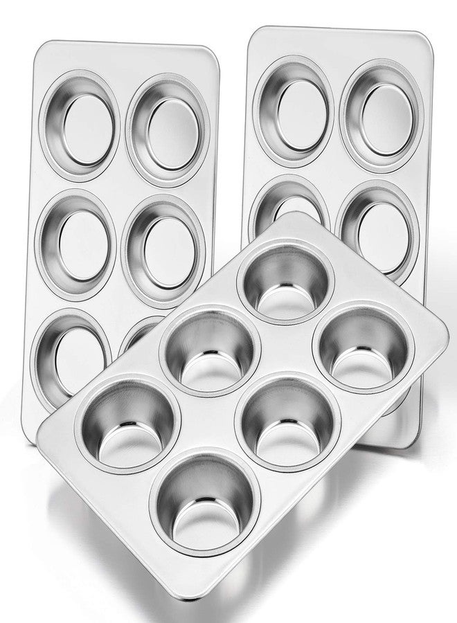 E-far Muffin Pan Set of 3, Stainless Steel Muffin Pan Tin for Baking, 6-Cup Metal Cupcake Pan Tray, Non-toxic & Healthy, Oven & Dishwasher Safe, Regular Size - 11.44 x 7.12 x 1.25 inch - Image 1