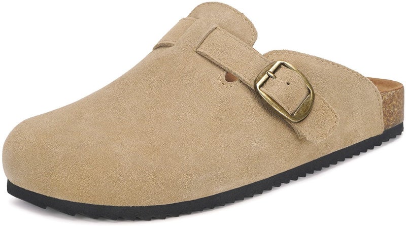 Intini Unisex Suede Leather Clogs Mules Mens Womens Cork Footbed House Slipers with Arch Support and Adjustable Buckle Apricot - Image 1