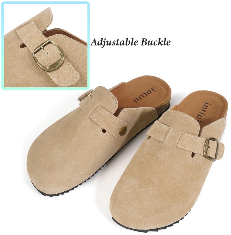 Intini Unisex Suede Leather Clogs Mules Mens Womens Cork Footbed House Slipers with Arch Support and Adjustable Buckle Apricot - Image 5