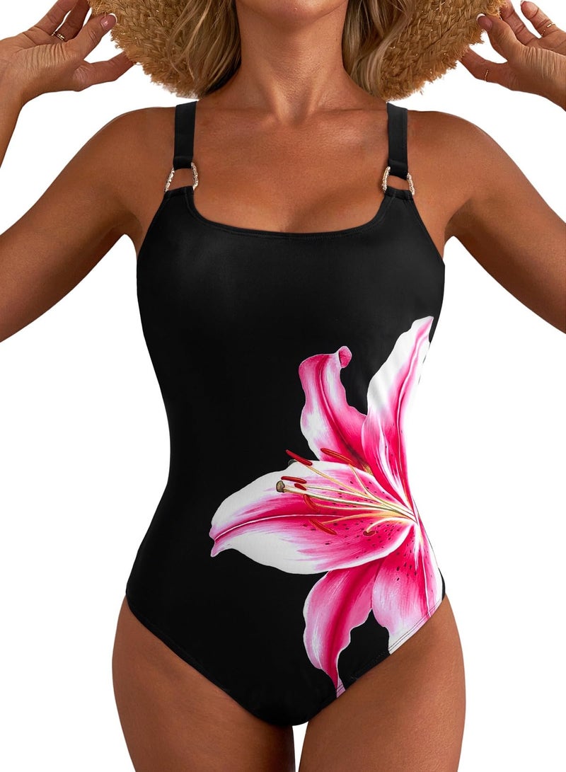 Herseas Women's Metal Ring Adjustable Wide Straps Wire Free Black One Piece Swimsuit Floral Print Tummy Control Slimming Bathing Suit Modest Cruise Essentials Medium - Image 1
