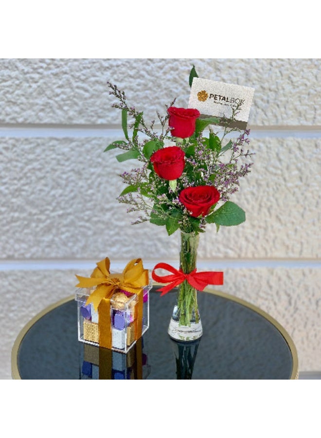 3 Full Stem Red Roses With Fillers And Glass Vase 500 Gram Mix Premium Quality Chocolates Bo