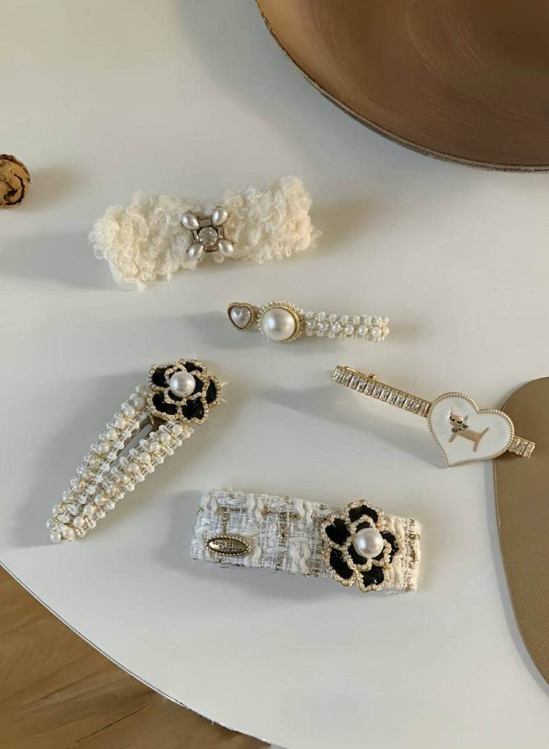 Paraphrase 5-Piece Elegant Hair Clip Set for Women – Pearl & Fabric Barrettes in Classic Design | High-Quality, Stylish Hair Accessories for Daily or Formal Wear - Image 1