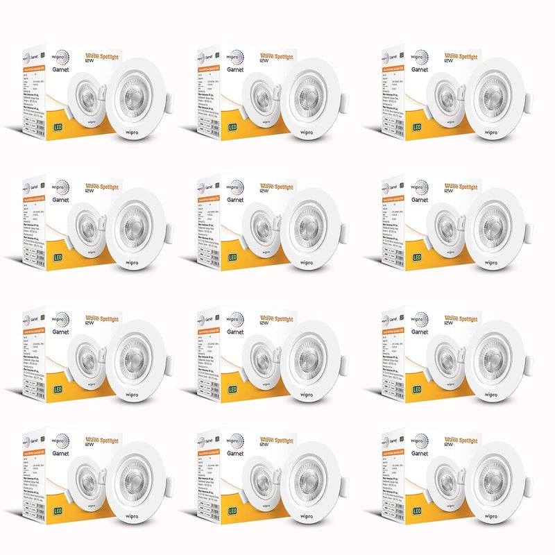 WIPRO Wipro Garnet 12W Round Led Wave SpotlightCob Spotlight for CeilingWarm White Light 2700KAdjustable DesignRecessed Tiltable Downlighter for False CeilingCutout125MmPack of 12  - Image 1